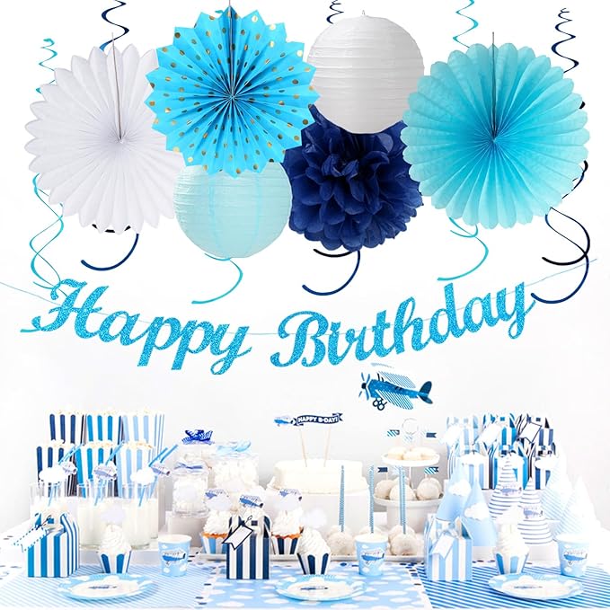 Light-Royal Blue White Birthday Party-decorations - 21pcs Boys Men Ocean Happy Banner,Navy Dusty Paper Streamers Lanterns Honeycomb,tissue Pom Poms Fan,Nautical Adult Garland Supplies Decor Huglony
