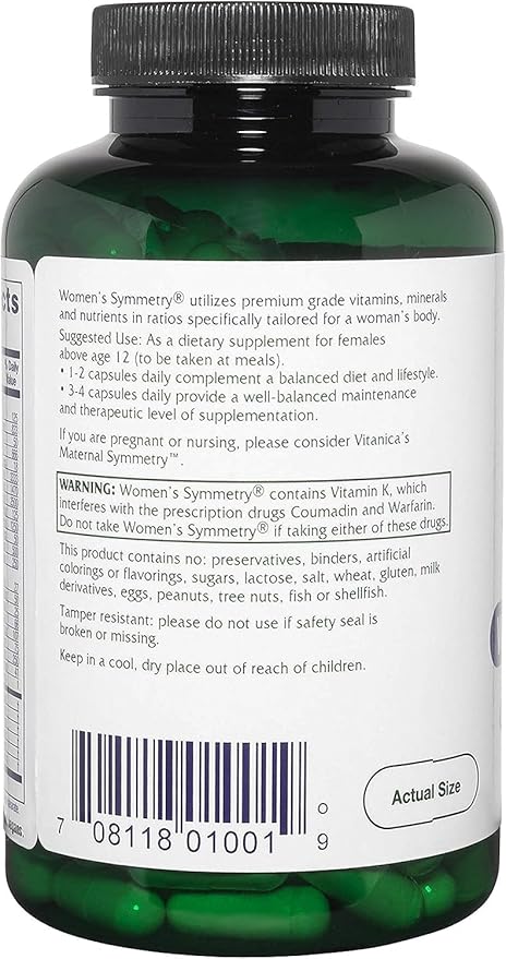 Vitanica Women's Symmetry, High Potency Daily Multivitamin, Vegan/Vegetarian, 180 Capsules