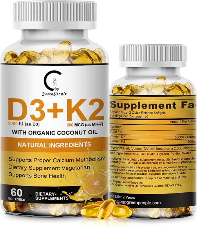 Vitamin D3 K2 Supplement with Vitamin D3 5000 IU, 200 mcg Vitamin K2 MK-7 & Natural Coconut Oil, Plant Based 2-1 Formula for Bone, Teeth, Muscle and Immune Health Support (60 Count (Pack of 1))