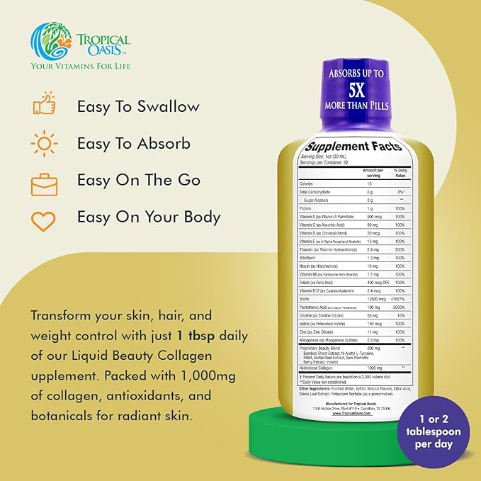 Tropical Oasis - Liquid Beauty | Supplement for Hair, Skin, & Nail Growth - Biotin + Hydrolyzed Collagen (32 Servings)