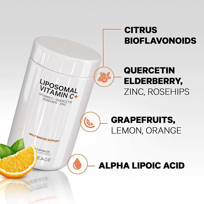 Codeage Liposomal Vitamin C 1500mg with Zinc, Elderberry, Citrus Bioflavonoids Grapefruit, Lemon, Orange Powder, Quercetin & Rose HIPS Fruit – Vegan Supplement - Non-GMO, Vegan Pills, 180 Capsules