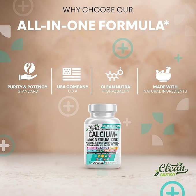 Allin1 Calcium Magnesium Zinc Supplement with Potassium, Copper, Strontium, Silica, Vitamin D3 K2, Boron, Vitamin B1 B12 Red Clover Herb Alfalfa Basil Pills for Men & Women Clean Nutra Osteo Defend