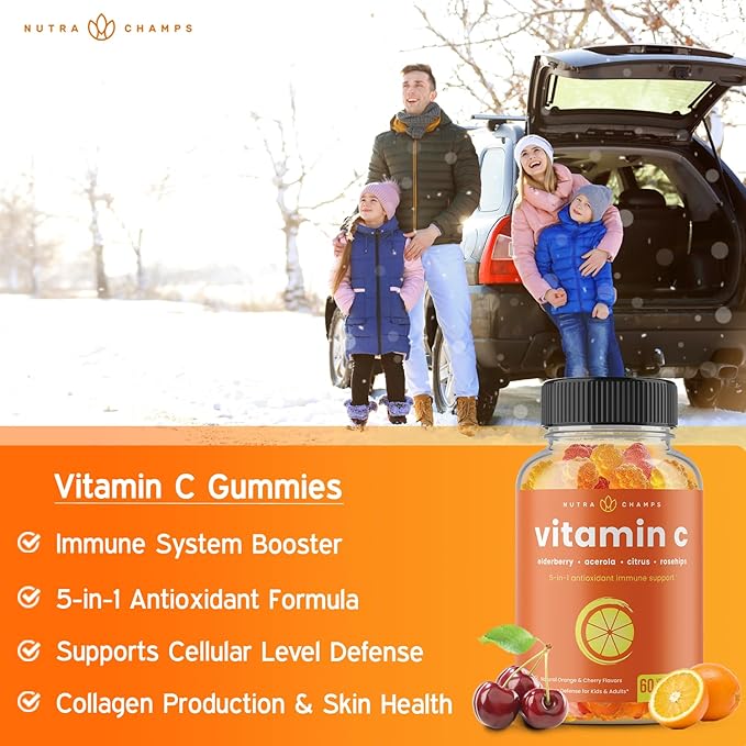 NutraChamps Vitamin C Gummies for Adults & Kids, 5-in-1 Immune System Support with Elderberry, Rosehips, Citrus Bioflavonoids & Acerola Cherry, Immunity Booster Supplement (Pack of 2)