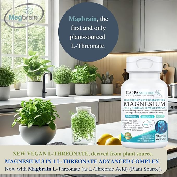 Kappa Nutrition Magbrain™ Magnesium L-Threonate Plant-Based, 420mg Elemental Magnesium (3 Capsules) from 2,253mg, 90 Vegan Capsules, Brain, Sleep & Muscle Support.