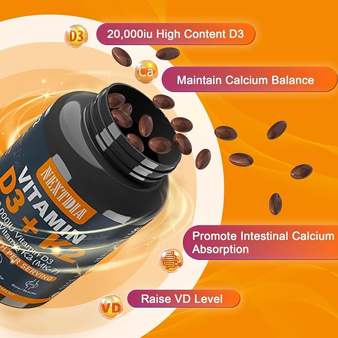 Vitamin D3 20,000 IU + Vitamin K2( MK7 )200mcg - Optimal Vitamin D3 & K2 Softgel - Strong Bones & Muscle, Calcium Absorption & Immune Support, Helping Vitamin D Deficiencies, Easy to Swallow, Non GMO