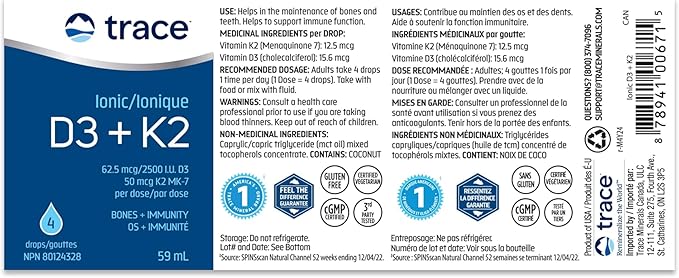 Trace Minerals Ionic D3 Plus K2 - with Vitamins D & K2 - Aids Bone Strength & Heart Health - Immune System Support Liquid - 2 fl oz (296 Servings)