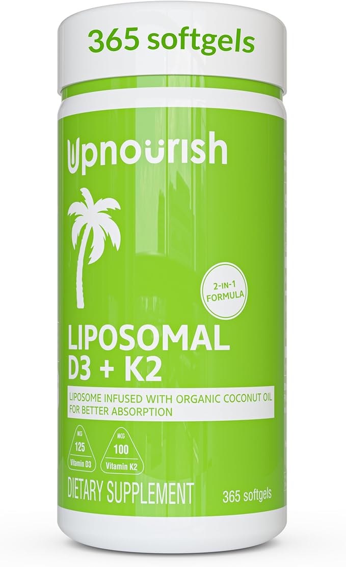 UpNourish Liposomal D3 & K2 MK-7, Advanced Absorption for Optimal Bone and Immune Health, Supplies 5000 IU 125 mcg Vitamin D3 and 100 mcg Vitamin k2 with Organic Coconut Oil, 365 Mini softgels