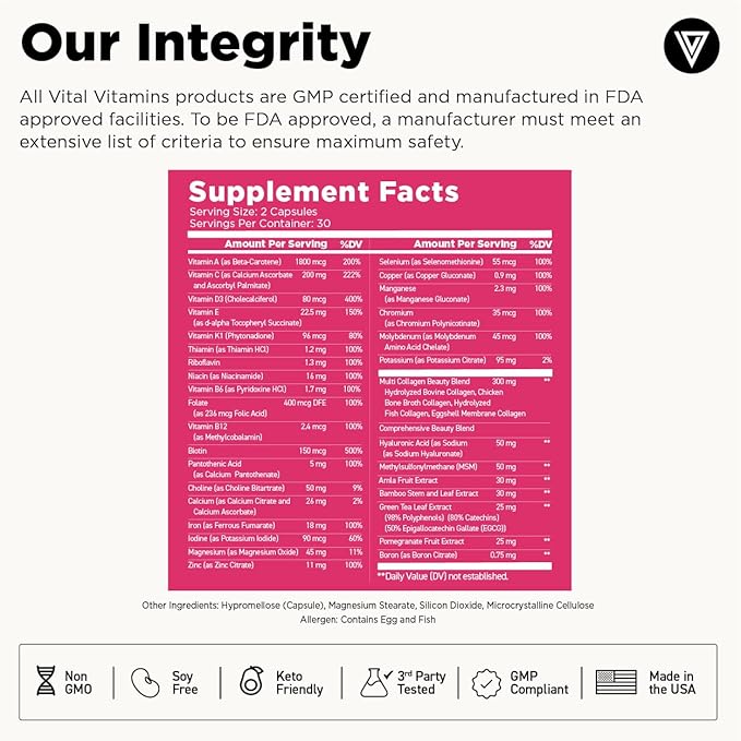 Vital Vitamins Women's Multivitamin Complex - Made with Multi-Collagen Blend, Hyaluronic Acid, & MSM - Beauty Multivitamins - with Vitamin A, C, E, B6, B12, D3-60 Capsules