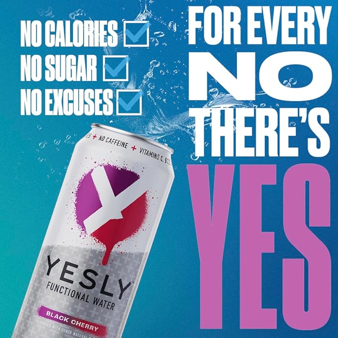 Yesly Functional Water, Black Cherry, Naturally Flavored Still Water with Electrolytes, Magnesium, Potassium, Vitamin C, B6 & B12, Zero Sugar, No Artificial Sweeteners, 16 Fl Oz Cans, 12 Pack