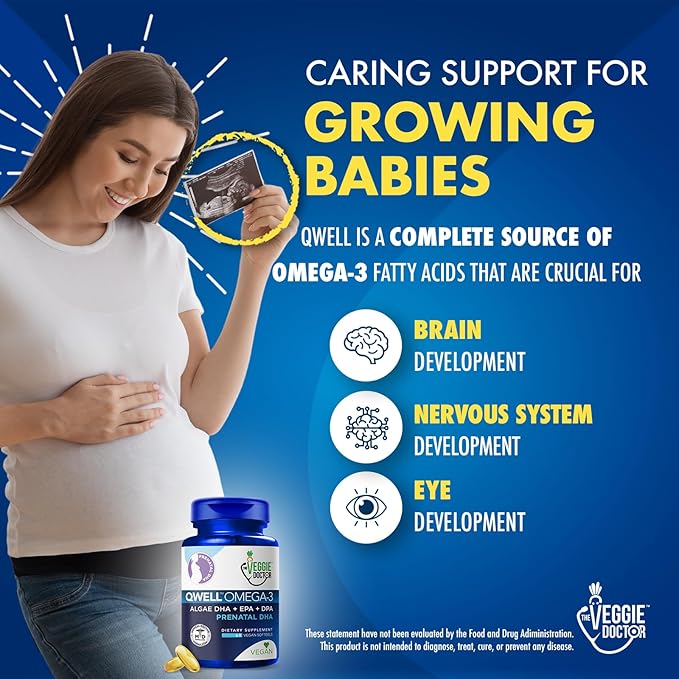Vegan Prenatal Vitamins with DHA (60 Count) Omega-3 - Qwell Better Than Fish Oil, Brain Function - 820 Mg Algae DHA & EPA, Vegan Prenatal Vitamins with Vitamin E, Carrageenan-Free