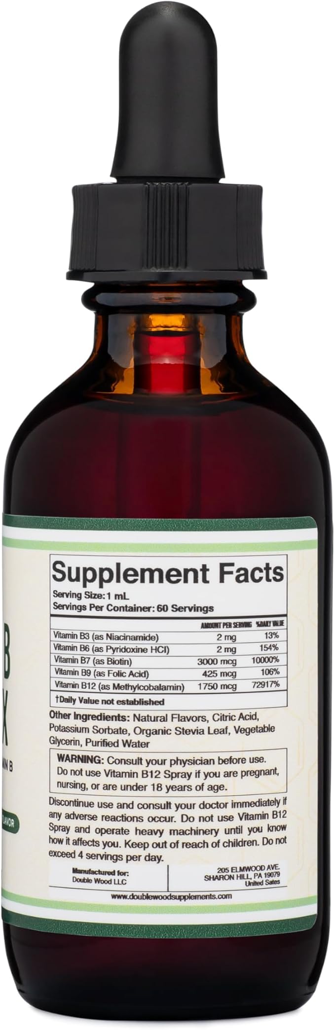 Double Wood Supplements Liquid Vitamin B Complex - 2 Month Supply - Max Absorption - B3, B6, B7 (Biotin), B9, and Vitamin B12 - Cherry Flavor - 2 FL OZ