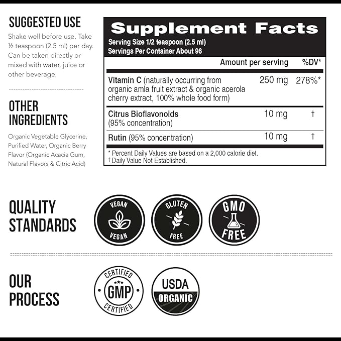 Organic Vitamin C Liquid - 250 mg | Whole Food Vitamin C Supplement from Fruit Plus Absorption Cofactors, Rutin & Citrus Bioflavonoids - Immune & Antioxidant Support, Total Health (96 Servings)