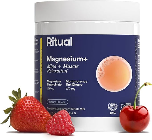 Ritual Magnesium+ Drink Mix Supplement | 2-in-1 Science-Backed Tart Cherry & Gentle on Stomach Magnesium Bisglycinate | Formulated for Mind & Muscle Relaxation | Supports Sleep & Calm | 30 Servings