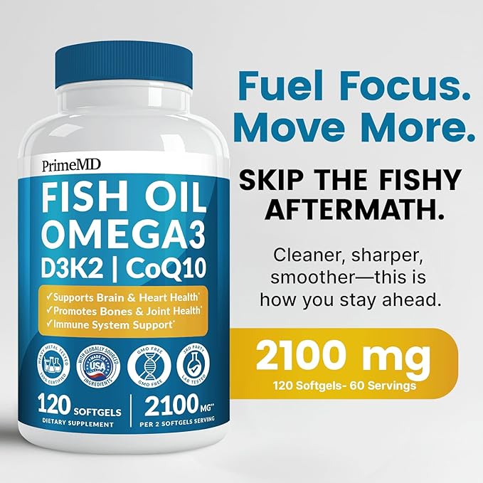 5-in-1 Fish Oil Omega 3 Supplements (2100mg) - Fish Oil with Vitamins D3 & K2 and CoQ10 - EPA DHA Omega 3 Supplement - Lemon Flavored Fatty Acid Supplements, Pack of 2
