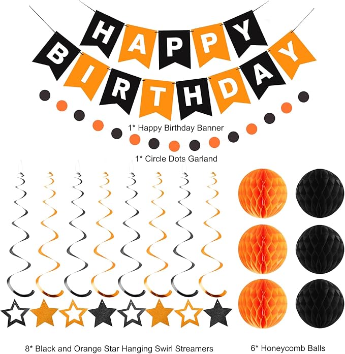 meowtastic Birthday Decorations, Happy Birthday Banner with Honeycomb Balls, Star Hanging Swirl Streamers, Circle Dots Garland, Happy Birthday Party Decorations for Women Girls (Black & Orange)