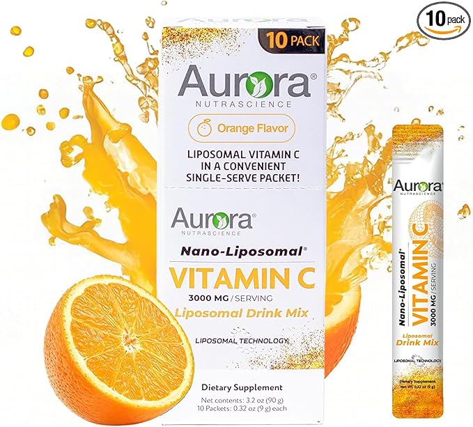 Aurora Nutrascience Nano-Pack Liposomal Vitamin C Powder Drink Mix, Immune Support, High Strength 3,000 mg Per Serving 10 Single Serve Packets, Orange