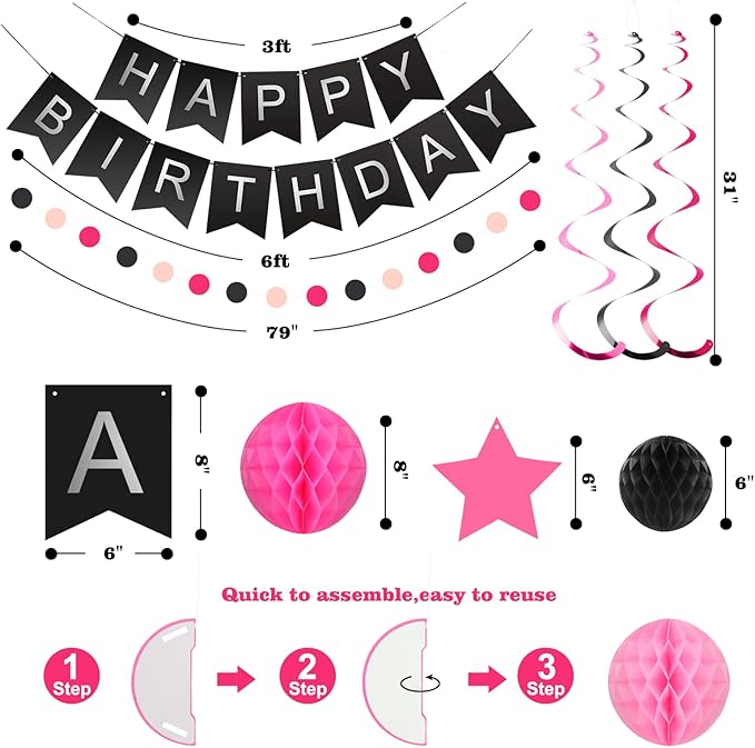 meowtastic Birthday Decorations, Happy Birthday Banner with Honeycomb Ball, Stars Hanging Swirl Streamer, Circle Dots Garland, Happy Birthday Party Decorations for Women Men Boys Girls (Black & Pink)