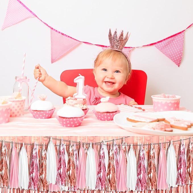 3P Pink White Peach Rose Gold Tassels Foil Fringe Metallic Garland Banner, Tassels Banner Streamers for Parade Floats, Bachelorette, Wedding, Birthday, Christmas, Bridal/Baby Shower Party Decorations