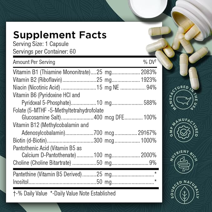 Tri-Methyl+ B Complex Methylated B Vitamins - Full Spectrum Methyl B Complex Vitamin Supplement For MTHFR Support with Active Forms of B12 Methylcobalamin, Adenosylcobalamin, and Methylfolate