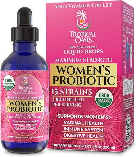 USDA Organic Liquid Probiotic for Women | PH Balance, UT, & Feminine Health | Digestive Support, Immune & Gut Health | 15 Clinically Studied Strains | 98% Absorption | Vegan, Non-GMO | 40 Servings