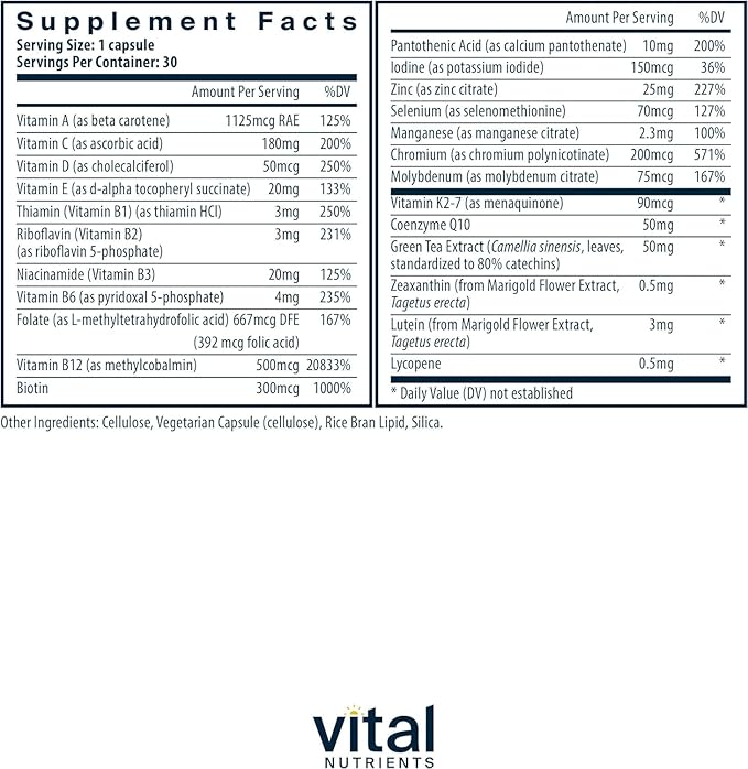 Vital Nutrients Once Daily Multivitamin | Vegan Multi for Women & Men | Allergen-Free | 19 Essential Vitamins + Antioxidants for Eye and Heart Health | Gluten, Dairy & Soy-Free | 30 Capsules