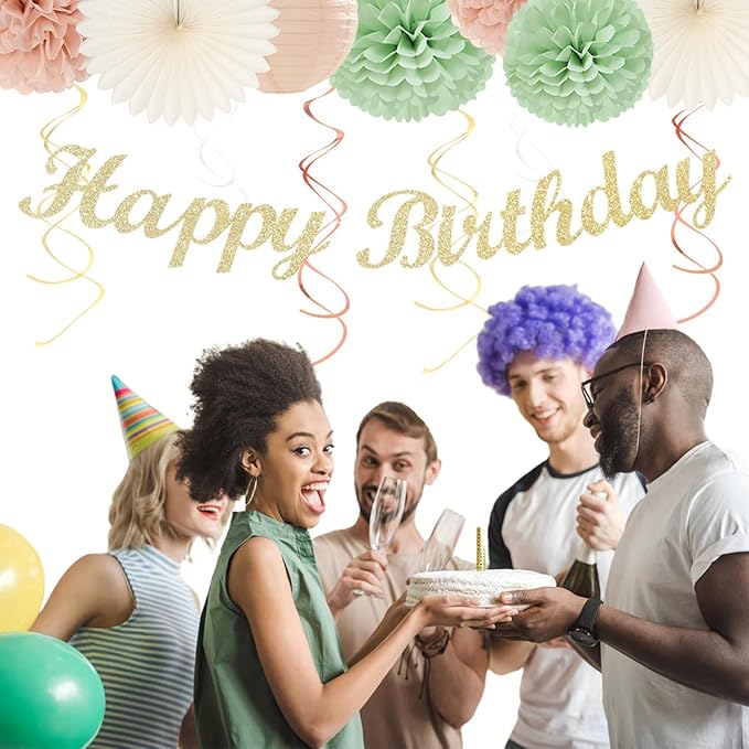 Sage-Green Pink First Happy Birthday Party-Decorations - 22pcs 18th Women Girls Paper Lanterns Streamers Banner Pom Poms,Spring Boho Aesthetic Bohemian Pastel Neutral Decor Backdrop Supplies Hugmoon
