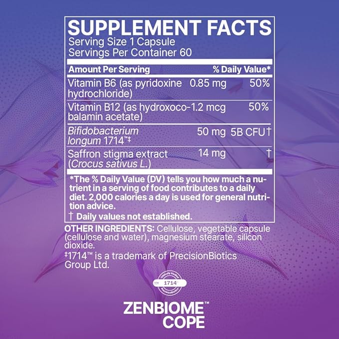 Microbiome Labs Zenbiome COPE - Probiotic Mood Support Supplement with Vitamin B6, B12 & Saffron Extract - Gut Health Probiotics for Women & Men - Support The Gut-Brain Axis (60 Capsules)