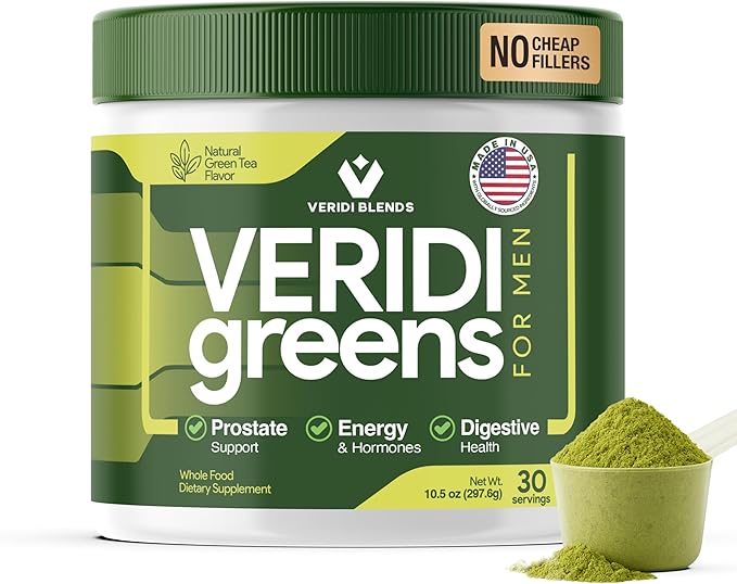 Veridi Greens for Men 40+ | Daily Superfood Greens Powder for Prostate Health, Hormone & Energy Support | Premium USA Blend with Spirulina, Saw Palmetto, Zinc & Enzymes