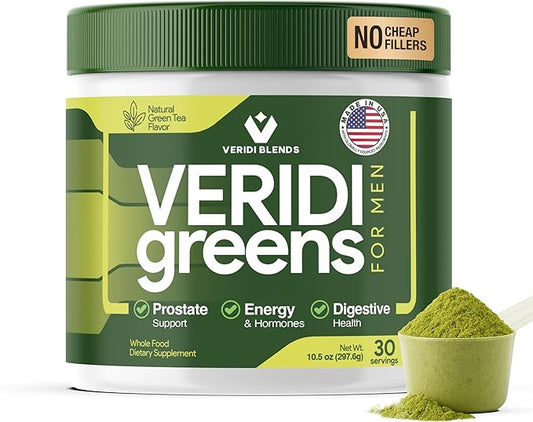 Veridi Greens for Men 40+ | Daily Superfood Greens Powder for Prostate Health, Hormone & Energy Support | Premium USA Blend with Spirulina, Saw Palmetto, Zinc & Enzymes