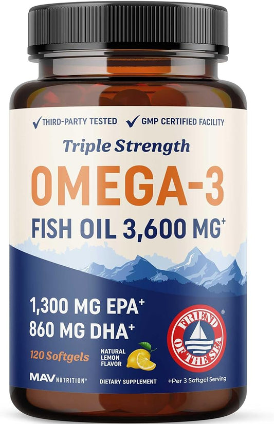 Triple Strength Omega 3 Fish Oil | 3600 mg EPA & DHA | Over 2100mg of Omega 3 Fatty Acids | 1300mg EPA + 860mg DHA | Best Essential Fatty Acids | Premium Burpless Softgel Supplements (120 Ct)