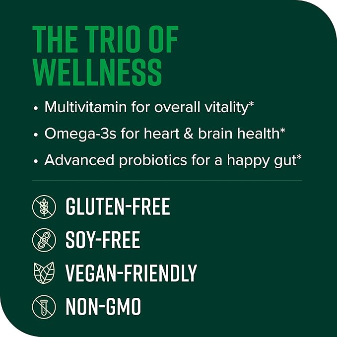 Vibrant Health, Trilogy Vegan, Probiotic Multivitamin with an Essential Blend of Omega-3 from Vegan Algal Oil, Vitamin A, B12, C, D3, E, Selenium, Magnesium & Zinc, 30 Servings