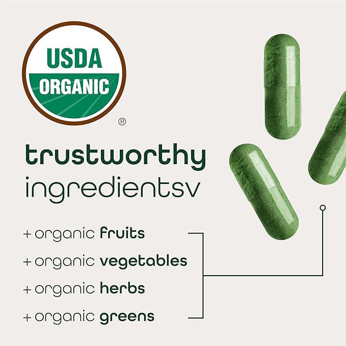 Zena Nutrition Organic Super Greens Fruit & Veggies Supplement, 70+ Superfoods from Fruit & Vegetables, 3g Fiber, Spirulina, Chlorella, Prebiotics & Probiotics, Digestive Enzymes, 180 Capsules