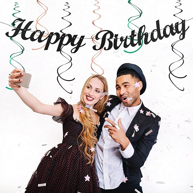 Sage-Green Blush-Pink Black Birthday Party-decorations - 21pcs Girls Woman Happy Banner Garland, Paper Streamers Lanterns,Flower Tissue Pom Poms Fan Supplies,Wall Backdrop Decor Huglony