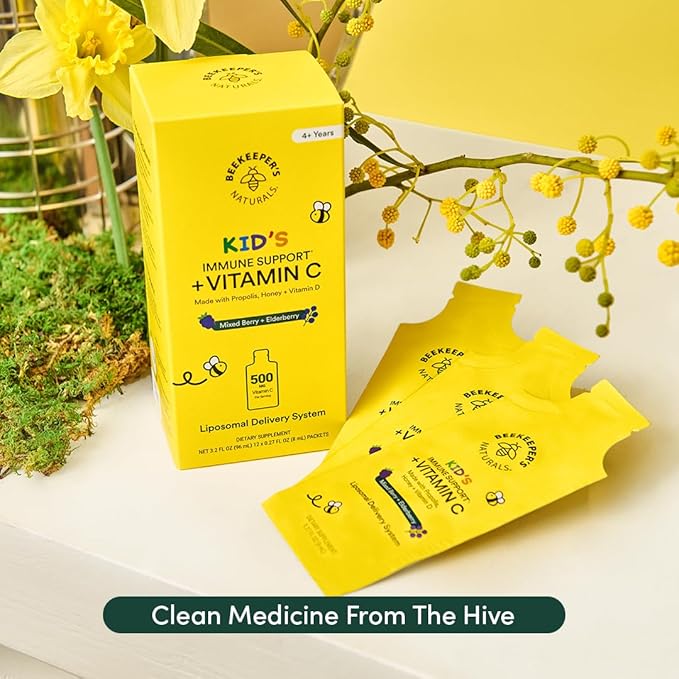 Kid's Immune Liposomal Vitamin C by Beekeeper's Naturals, 500 mg Vitamin C, Elderberry, Vitamin D, Propolis & Honey, Kid-Friendly Immune Support - Mixed Berry Flavor, Easy to Use, Bioavailable, 12 Ct