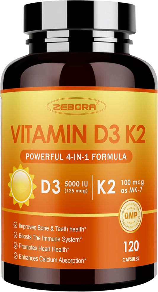 ZEBORA Vitamin D3 K2-5000 IU (125 mcg) Vitamin D & K2 (MK-7) 100 mcg with Zinc & Selenium - Maximum Absorption for Bone, Teeth, Heart & Immune Support - Gluten-Free, 120 Capsules
