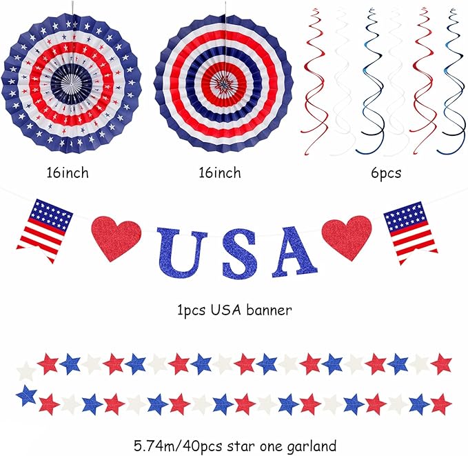 Red-White Blue Memorial-Day Patriotic Decorations - 21pcs 4th Fourth of July Americana Banner Garland,Independence Party Decor Paper Streamers Lanterns,Flower Tissue Pom Poms Fan Supplies Huglony
