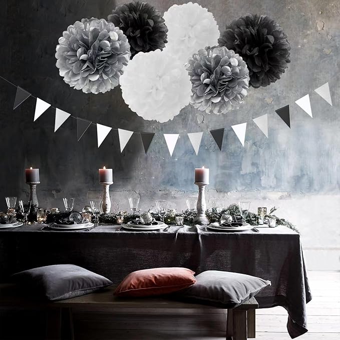 Black White Silver Party-Decorations Streamers - 23pcs Tissue Pom Poms, Graduation Men Boys Birthday Tassel Garland Banner,Wedding Baby Bridal Shower New Years Decor Lasting Surprise