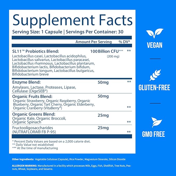 GOBIOTIX 100 Billion - Digestive Enzymes Supplement - Probiotics Multivitamin - Prebiotic Fiber Blend - 100 Billion CFU - Organic Fruit and Greens Blend - Vegan, Non GMO - 30 Capsules