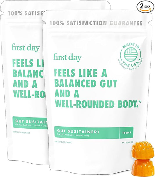 FIRST DAY Teens’ Gut Sustainer Tribiotic Gummies – 3-in-1 Prebiotic, Probiotic & Postbiotic Supplement – Supports Digestive, Skin, Oral & Immune Health, Nutrient Absorption & Growth – 60-Day Supply