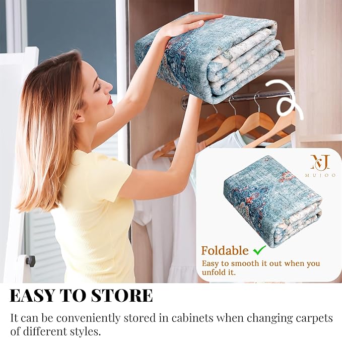 MUJOO 5'x7' Area Rugs Teal Machine Washable Rugs Living Room Rugs Boho Rug for Bedroom Laundry Room Kitchen Non Slip Carpet Abstract Soft Low-Pile Blue Floral