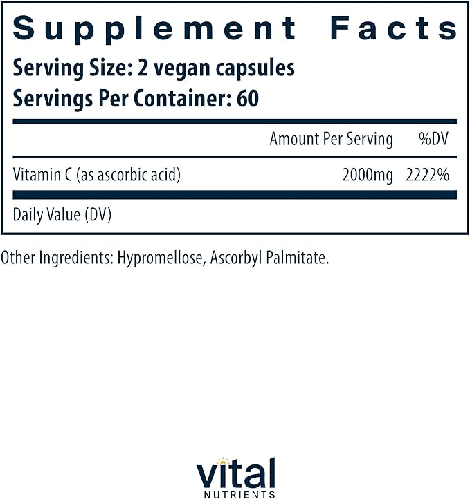Vital Nutrients Vitamin C 1000mg (100% Pure Ascorbic Acid) | Vegan Antioxidant Supplement for Immune Support and Iron Absorption* | Gluten, Dairy and Soy Free | Non-GMO | 120 Capsules