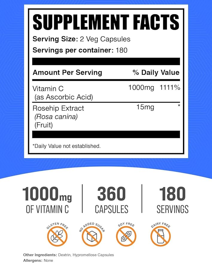 BulkSupplements.com Vitamin C with Rose HIPS Capsules - Vitamin C 1000mg & Rose HIPS 15mg, for Immune Support - Vegan, 2 Capsules per Serving, 360 Count (Pack of 1)
