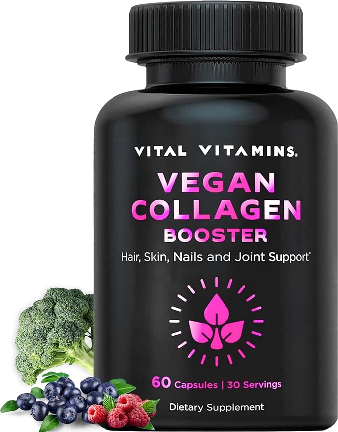 Vital Vitamins Vegan Collagen Booster - with Silica and Hyaluronic Acid - Plant-Based Collagen Supplements - Supports Hair, Skin, Nails & Joints - 60 Capsules