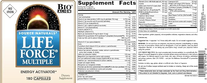 Source Naturals Life Force Multiple, Energy Activator* Iron Free, Daily Multivitamin High Potency Essential Vitamins, Minerals, Antioxidants & Nutrients - 180 Capsules