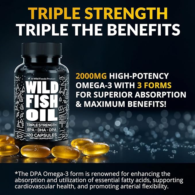 Wild Foods Omega 3 Fish Oil Supplement, 120 Capsules (2 pk) | Wild Caught, Burpless, Odorless, Non-GMO, Gluten Free | DPA, DHA, EPA Triple Strength Joint Nutrition for Women & Men