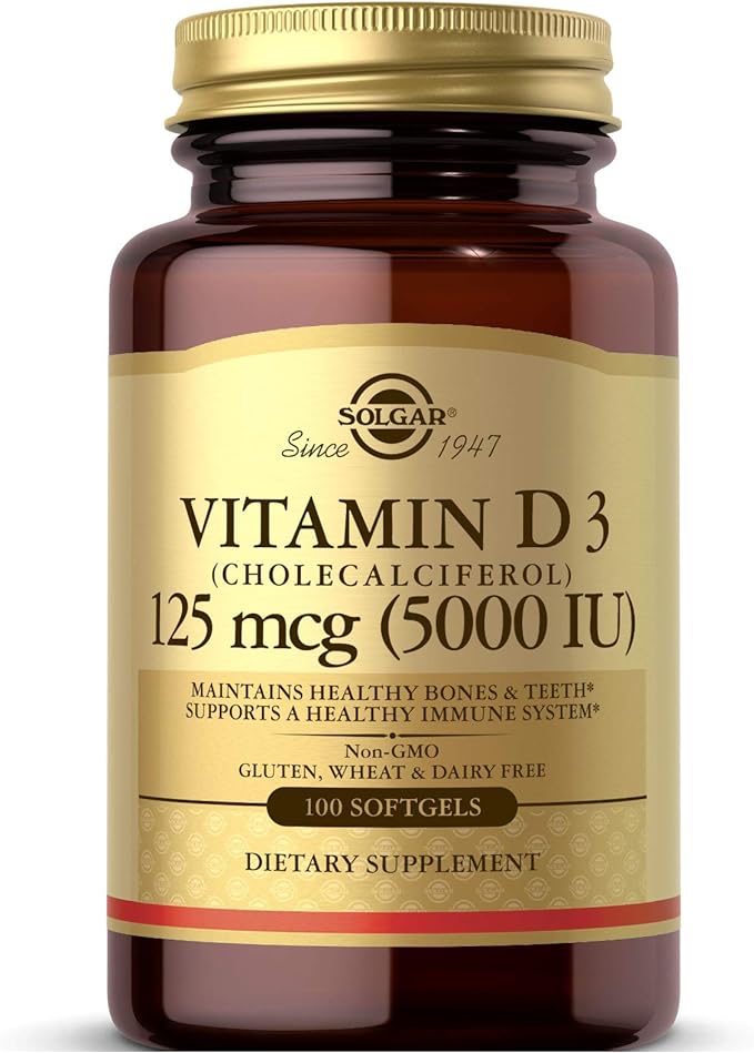 Solgar Vitamin D3 (Cholecalciferol) 125 MCG (5000 IU), 100 Softgels - Helps Maintain Healthy Bones & Teeth - Immune System Support - Non GMO, Gluten-Free, Dairy Free - 100 Servings