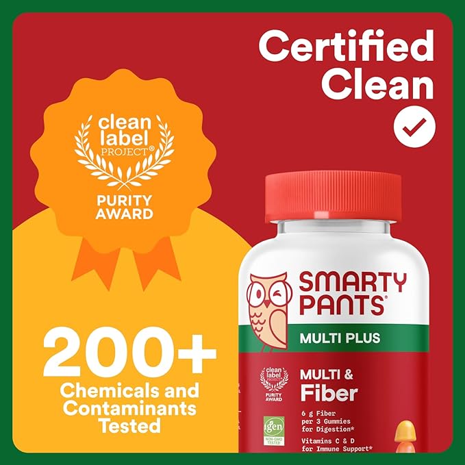 SmartyPants Fiber Supplement & Multivitamin for Men & Women - Improved Formula: Prebiotic Fiber Gummies with Omega 3 (DHA/EPA), Vitamin D3, C, Vitamin B12, B6, A, K & Zinc, 90 Count (30 Day Supply)