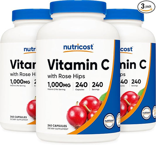 Nutricost Vitamin C with Rose HIPS 1025mg, 240 Capsules (3 Bottles) - Premium Non-GMO, Gluten Free Vitamin C Supplement