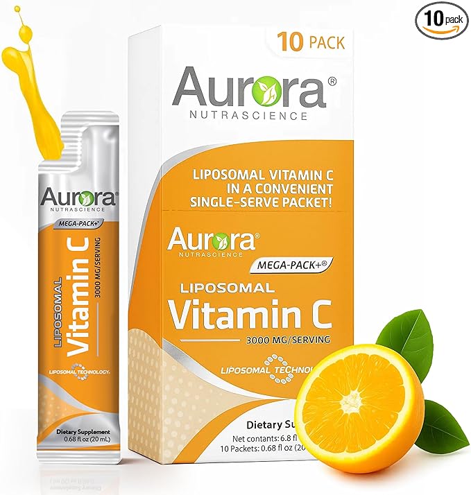 Aurora Nutrascience Mega-Pack Liposomal Vitamin C, Immune Support, 3,000 mg Per Serving, Vegan, Gluten Free, Non-GMO, 10 Single Serve Packets, Orange