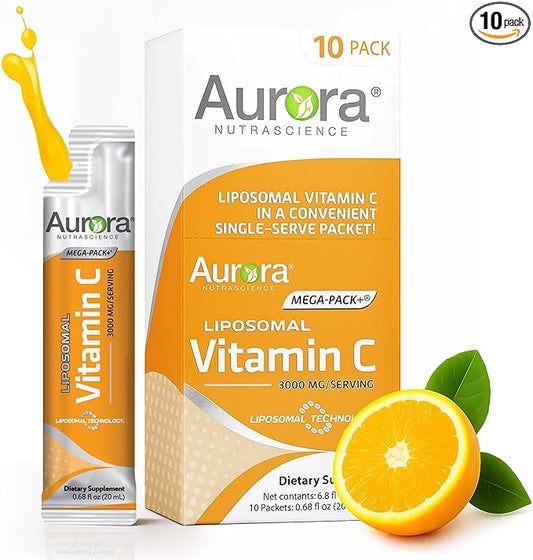Aurora Nutrascience Mega-Pack Liposomal Vitamin C, Immune Support, 3,000 mg Per Serving, Vegan, Gluten Free, Non-GMO, 10 Single Serve Packets, Orange